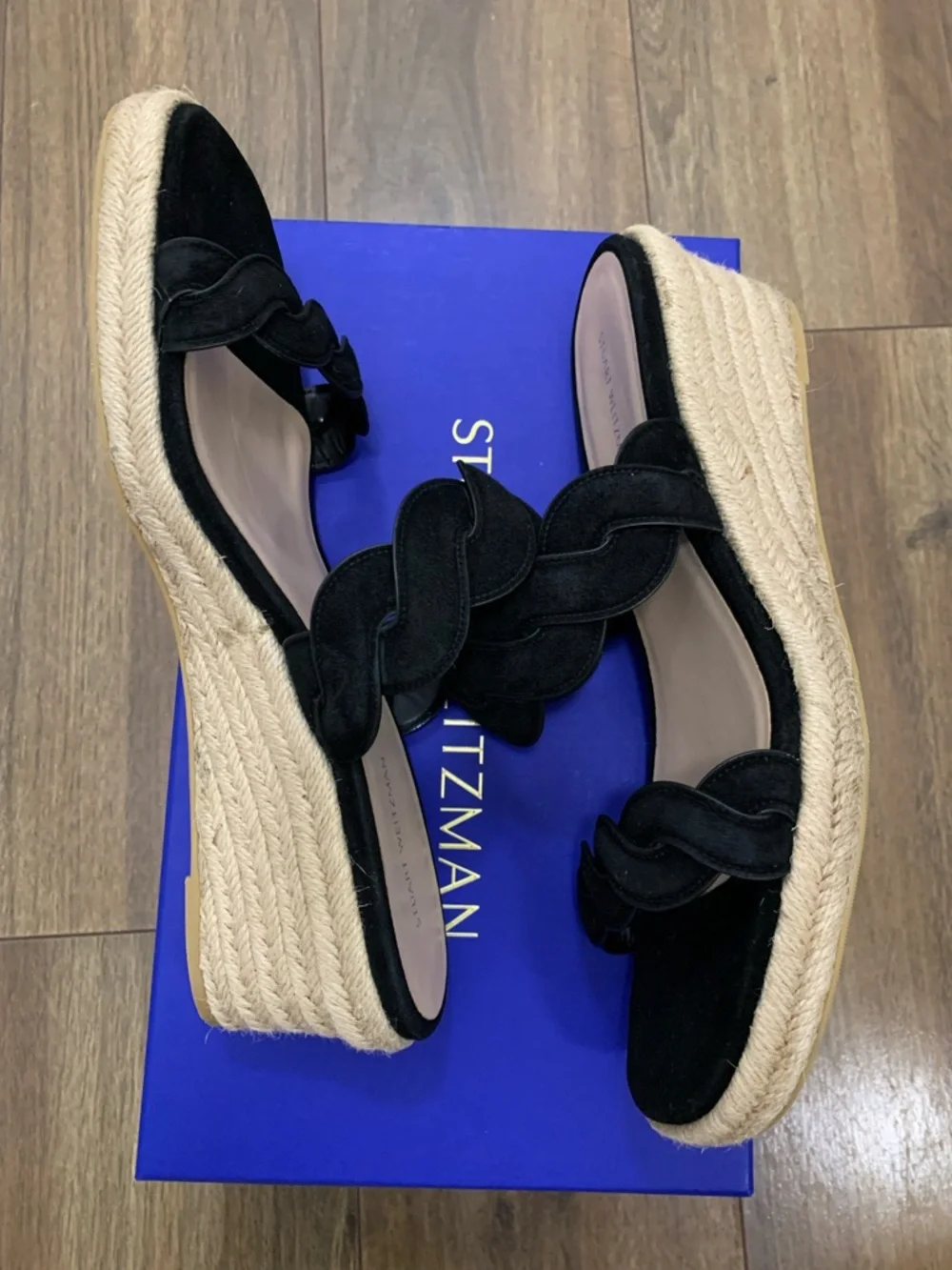 Stuart Weitzman women’s Black Twist Suede Espadrille Wedge Slide Sandal size 9.5 - Picture 7 of 14